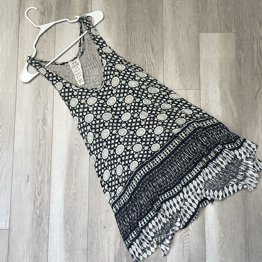 Free People Dress crochet printed mini womens Blue xsmall bohemian beach hippie